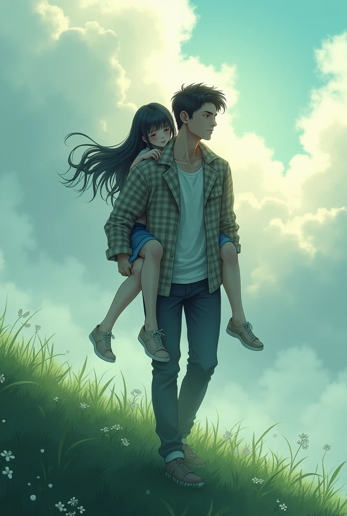 A 23 year old handsome man  normal muscular build in checks jacket carrying a 23 year old  beautiful lady on his back asleep the hill is surrounded by cloudy mist 3d anime
