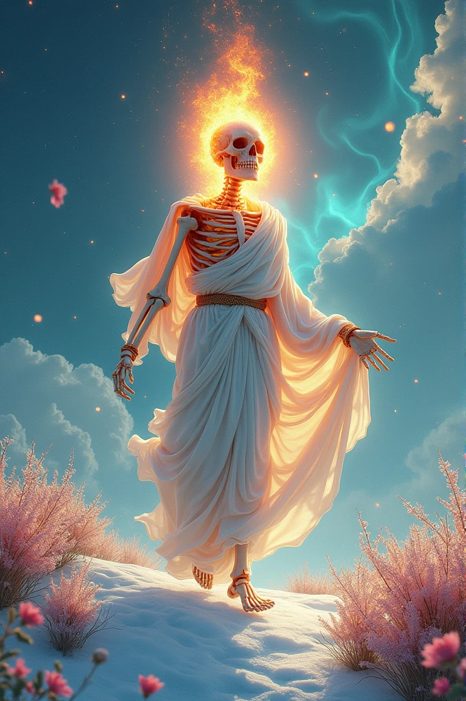 (photorealism:1.2), burning skeleton, wearing white toga, with halo, in the snow, psychedelic sky, flower in background, levitating, realistic, intricate details, bright colors.
