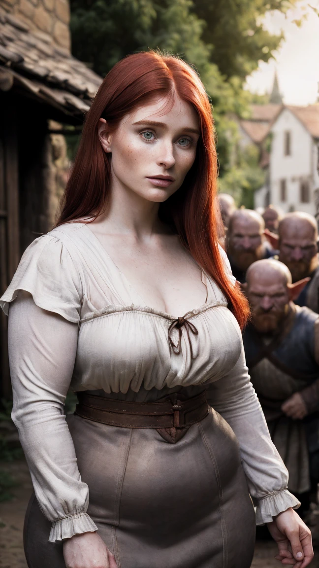 still cinematic film, Mediovale \(context\),photo by full body (from head to toe) de uma Linda fildnesa gostosa, red haired, short braid hairstyle, pale skin, [light freckles], plein-air, harvesting crops, fild, grimdark, Clouded, cool color temperature, Detailed texture skin, she is completely naked and without clothes, showing her beautiful and very very big huge breasts with freckles on her breasts, showing her vagina and beautiful butt, Dramatic, grimy, castle wall in the background, standing alone, cinematic lighting, soft color palette, ombre, 50mm, F/5.6 lenses, ISO 1000, (extremely detaild), grim, Coraggioso, Still do filme de Kingdom Come