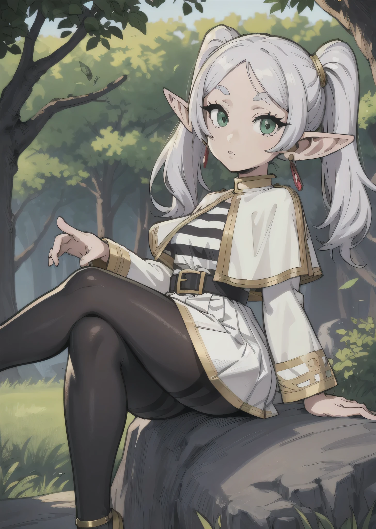 [FrierenBase], [Frieren], ((masterpiece)), ((HD)), ((High Res)), ((solo)), ((front view)), ((waist up)) ((detailed shading)), ((intricate details)), {(slim  figure), (smooth skin), (long white hair), (twintails), (elf ears), (curvy hips), (defined legs), (blank expression)}, {(red crystal earrings), (white capelet), (striped shirt), (horizontal stripes), (long sleeves), (black belt), (white skirt), (gold-trim on skirt), (black pantyhose)}, {(sitting on rock), (crossed legs), (hands in lap), (looking at viewer)}, [ambient lighting, outdoors, forest, sun rays]