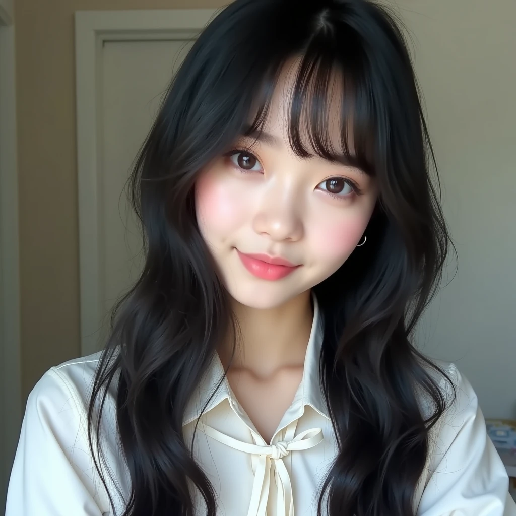 Asian
Beautiful girl
Her bangs are parted diagonally
She is wearing a white shirt with a ribbon
Selfie
Black hair　
Long hair, smooth hair, messy, high quality, high quality, live-action, natural impression, realism