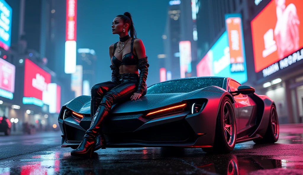 1girl sit on top of the car, cyberpunk, futuristic, neon-lit, high-speed, metallic, glossy, urban, dystopian, advanced, technology, vehicle, photography, dynamic, angles, reflection, night, cityscape, grunge, detail, modified, custom, aggressive, lines, shadows, contrast, darkness, light, movement, highres,ultra detailed,best quality,masterpiece