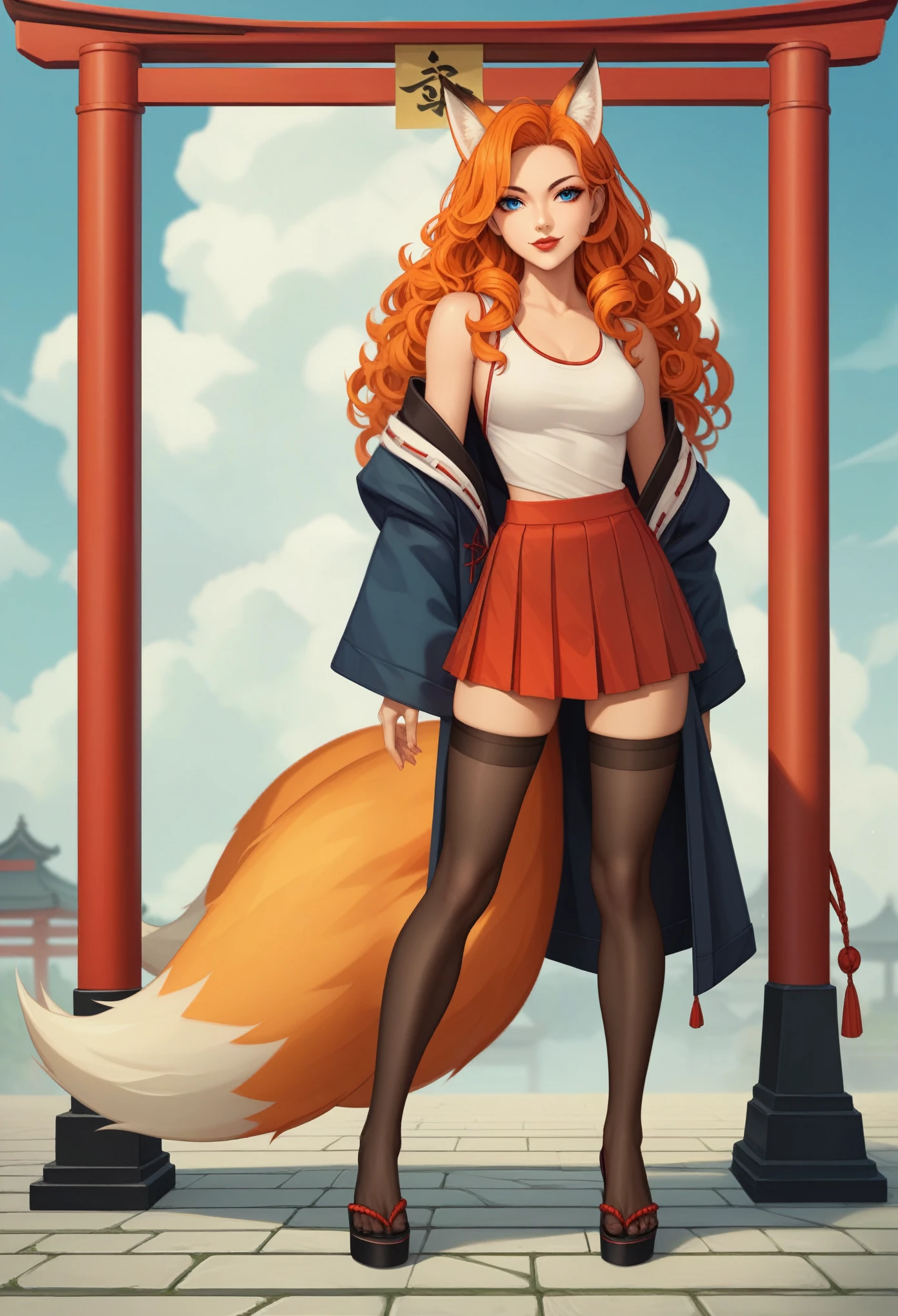 ((masterpiece)), best quality, extremely detailed face, ultra high res, 1Woman, kitsune, fox woman, orange hair, curly hair, longhair, blue eyes, a perfect face, the perfect body, medium breasts, sports body, short stature, solo, Detailed eyes and face, makeup, ((red-lips:1.3)), ((before sealed wore kimonos and shrine maiden outfit, after the world ended she adapted to modern clothes quickly, stylish jacket, skirt, stockings)), apocalypstic city background, by Amano Akira, ((full body:1.5)), looking at viewer, elegant smile, apocalypse