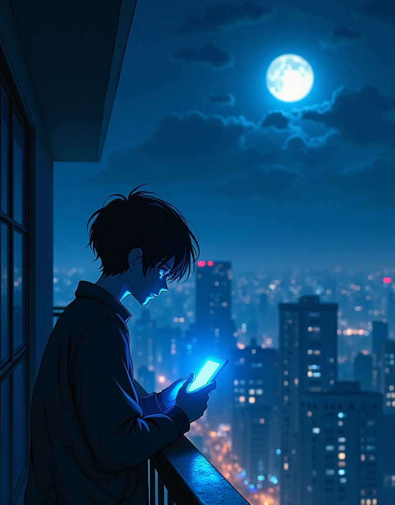 Create a anime landscape image. A chibi-style anime and comic book illustration featuring a melancholic male leaning over the balustrade of a dark, moonlit balcony. The male is with a sleek, futuristic smartphone – its illuminated screen casting blue light onto his disheartened face as he remains lost in thought. A faint mist hangs over the cityscape below, lending a somber atmosphere stacked with anxiety, sorrow, and the subtle remnants of romance. The symphony of sympathetic links webbing this illustrated tale through vibrant ink accentuated by prismatic glass shatter effects makes for a provocative scene.