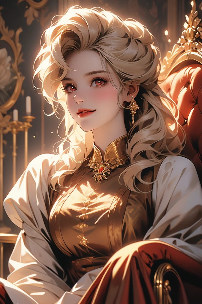 1girl, golden hair, resting in a chair, vampire, opulent dress, red eyes, smiling, victorian style room, portrait, moon
