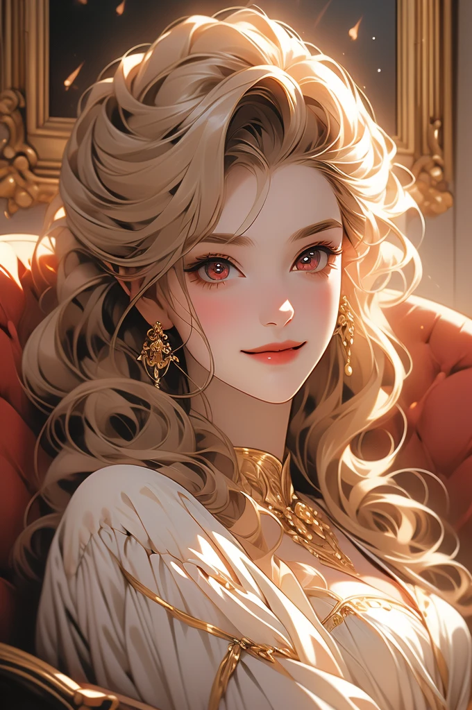 1girl, golden hair, resting in a chair, vampire, opulent dress, red eyes, smiling, victorian style room, portrait, moon