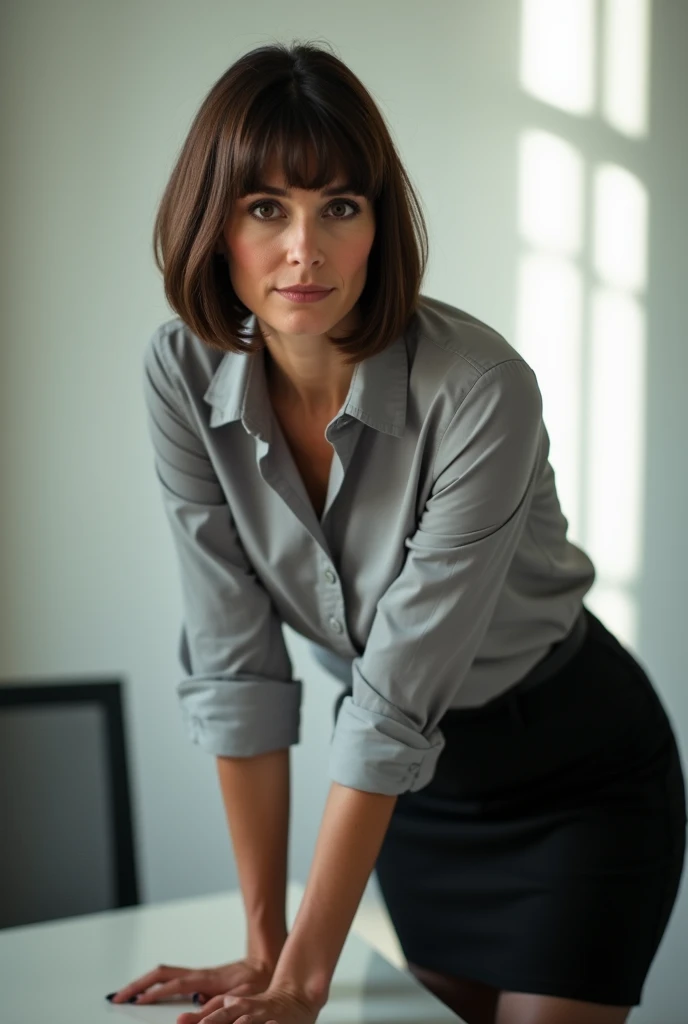 Professional, High level of detail, Full body photo of blonde (attractive 45yo woman:1.3), (classy stylish bob haircut)1.3, (neon gray-colored tight opened shirt)1.4, (rolled up black skirt:1.3), (black stockings), 1.455,natural lighting, (seductive:1.1), (blushing:1.1 ), (classy, elegant, dandy)1.2, (big natural breasts)1.2 (pokies)1.3, (no bra, perky nipples:1.3 )1.2, (toned body, hourglass body shape) (wipe hips) (toned thick thighs), (full body with visible face and eyes)1.5, bending over a desk, (presenting her firm ass to camera)1.5
