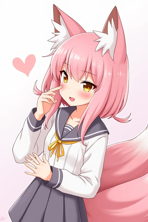 ranka, 1girl, animal ears, wolf girl, wolf ears, wolf tail, tail, , pink hair, skirt, long hair, animal ear fluff, serafuku, pleated skirt, neckerchief, anime style, penis licking, saliva, saliva string, saliva on penis, close up, pov, happy