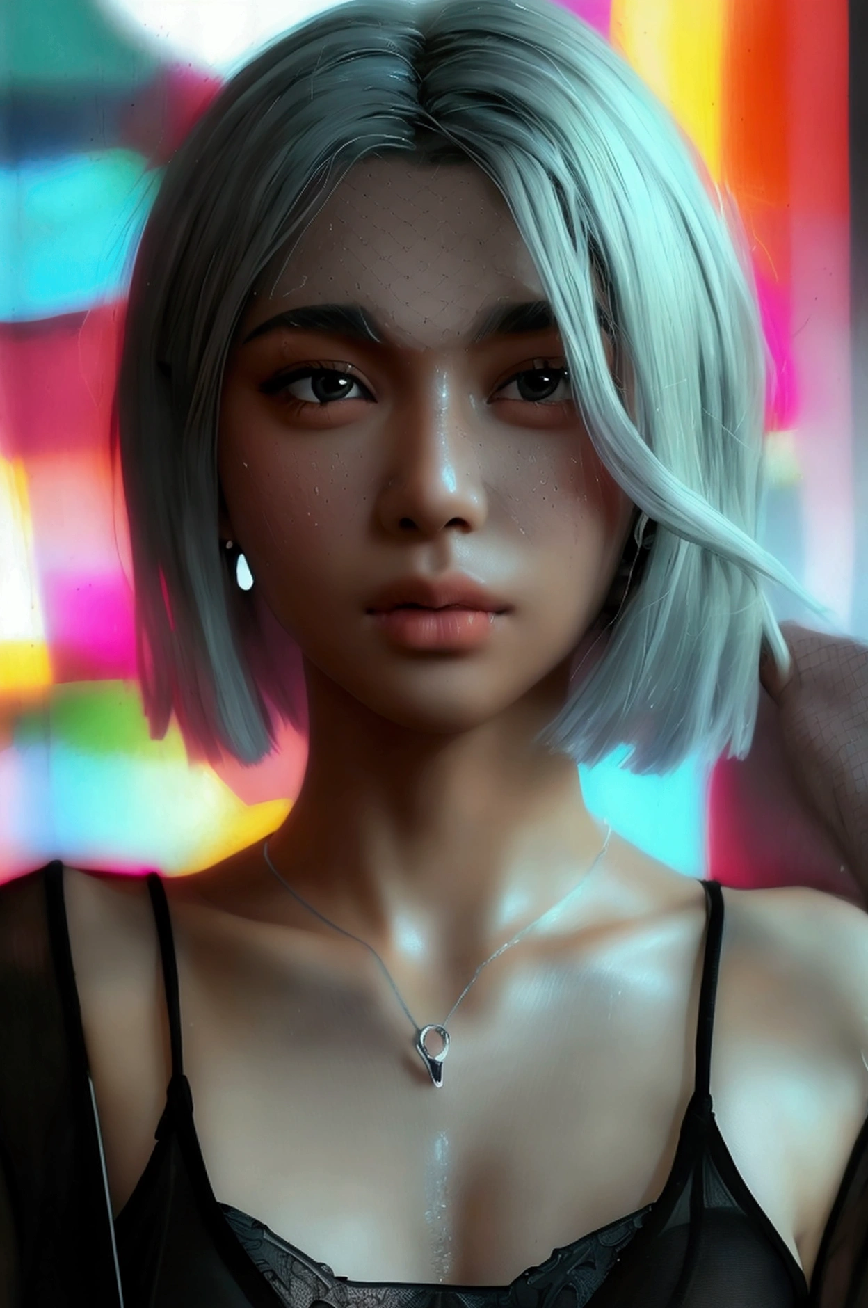 (8k, Photorealistic, Raw photo, Highest quality: 1.4),Japanese idol-style beautiful girl,model,1 person,18-year-old,(Short Bob),(Silver Hair :1.2),She has her hair tucked behind her ears,Clear grey eyes,Long eyelashes,(piercings(small)),(Lip gloss),lips(Plump,glossy),thin long neck,(Micro T-shirt((Skin-tight),(Black),(Short length that reveals the navel))),(Jacket((Black),(Sheer),(Mesh))Layered),(Wide leg pants((Sweat fabric),(Length that covers the instep))),pumps,Full body portrait