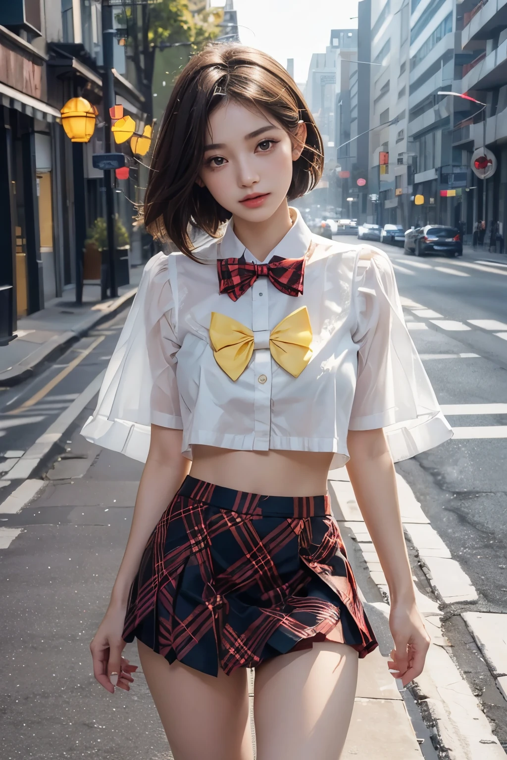 Ultra-high resolution,(reality: 1.4),Highest quality, masterpiece, Attention to detail, 16K quality, 1 beautiful girl,super beautiful face,,Cute Face,Highly detailed face,Detailed hands,Beautiful skin,Cute Idol,Professional Lighting,short hair, brown beautiful eyes,((Sailor uniform with beautiful delicate lines)),((Yellow butterfly bow tie))、(A super mini skirt in red and black tartan check.),Are standing,A gust of wind flipped my skirt up and I had to hold it down with my hands,(((Showing panties))),((White panties)),Beautiful breasts,Walking in the city,Blur the background、Black bra that is see-through with sweat