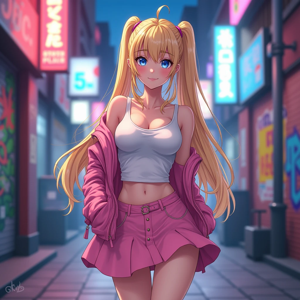 18 year old girl, long blonde hair down to her buttocks, blue eyes, perfect curvy body, beautiful, piggytail hairstyle, wearing modern style clothes, aka a tank top showing her stomach, open pink leather jacket, pink skirt and high heels.(Anime style picture)