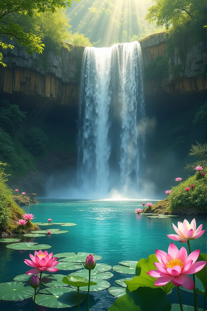 A beautiful waterfall. Many beautiful lotus flowers are blooming in the water below, some beautiful birds are sitting on the side