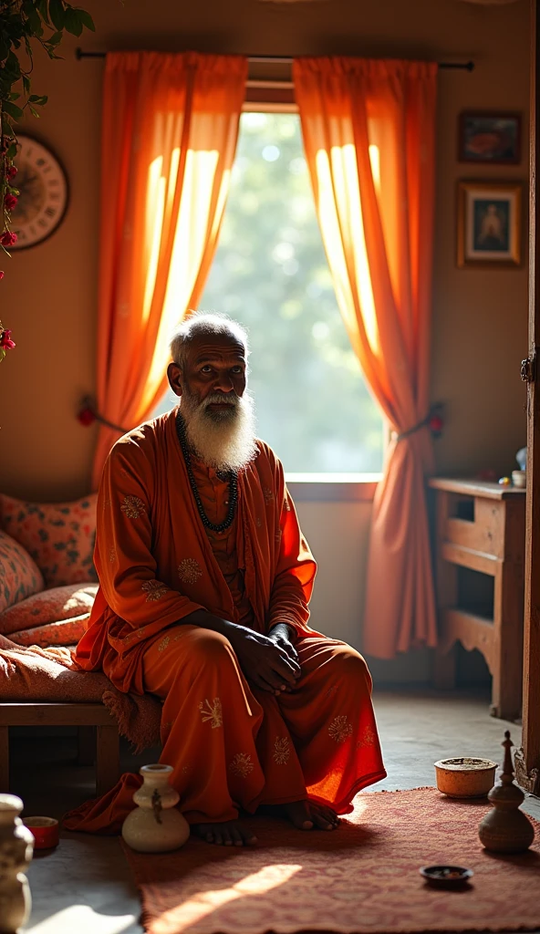Sadhu staying with the courtessadhu, in traditional attire,resides in a modest yet comfortable space next to the courteasans quartets, showing his adherence to strict rules