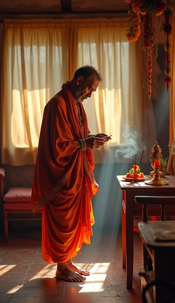 Sadhu staying with the courtessadhu, in traditional attire,resides in a modest yet comfortable space next to the courteasans quartets, showing his adherence to strict rules