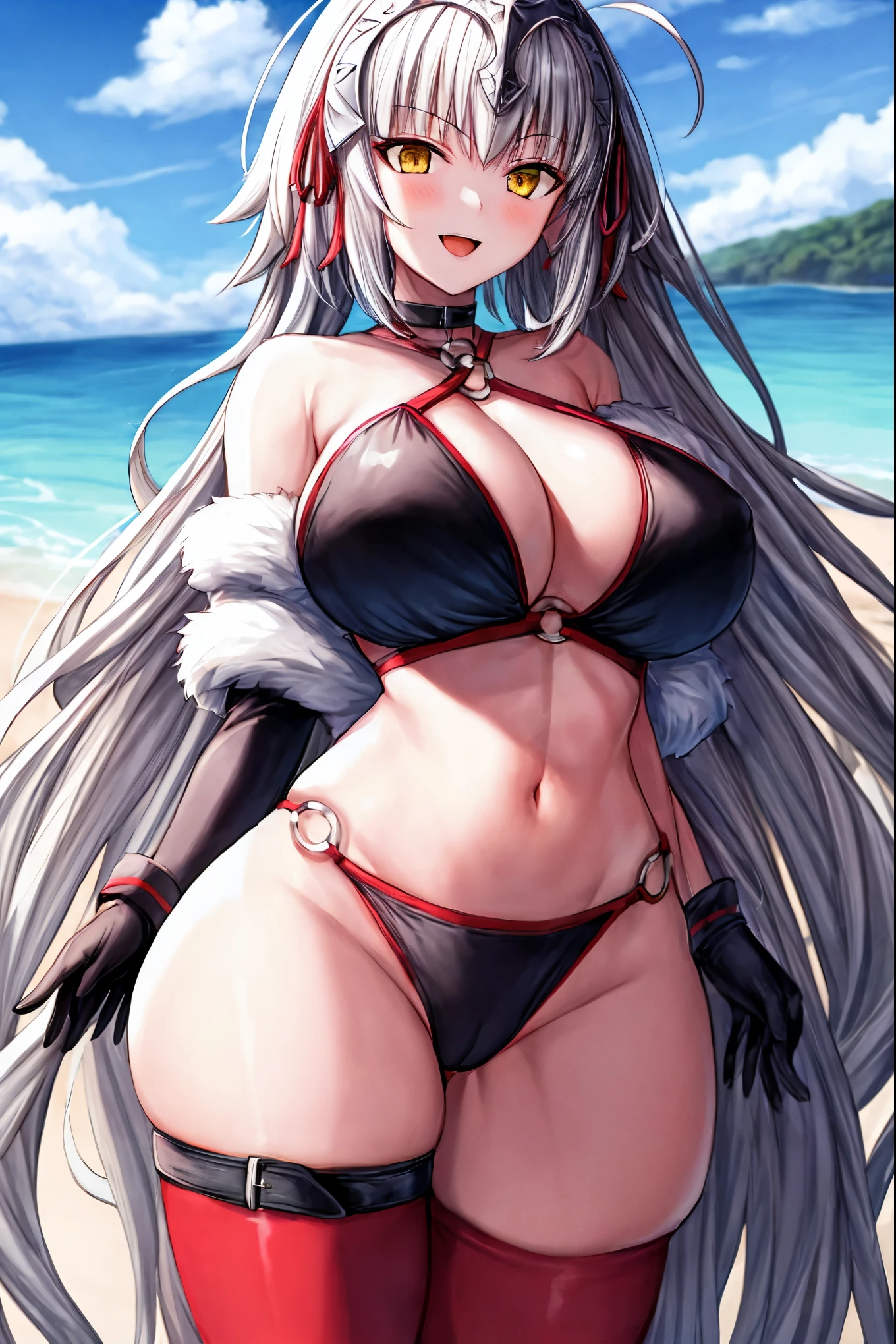 masterpiece, best quality, 1girl, , silver hair, ahoge, gold eyes, shaggy_long_hair,, gigantic_breasts, , blue sky_beach_landscape,covered_groin,covered_nipples,solo,young_,,open_legs,,crotch_armor,cowboy_shot,crotch, asymmetrical legwear, long hair, bikini, black bikini, black gloves, gloves, long sleeves, navel, o-ring, o-ring bikini, o-ring bottom, o-ring top, puffy long sleeves, puffy sleeves, red legwear, single thighhigh, swimsuit, thigh strap, thighhighs, uneven legwear,smile,nihil,open_mouth,angry,glare,dynamic_standing,jeanne D'arc alter,