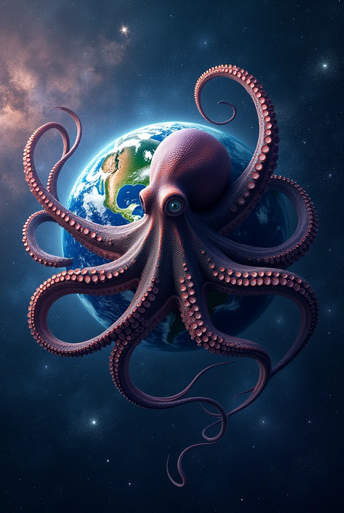 A giant octopus sitting on the entire planet Earth, with the background universe