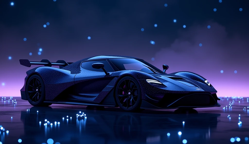 Midnight purple-black aston martin valkyrie, in a dark blue background, with blue fireflies