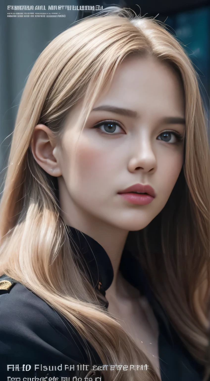 realistic,polite dress,(Fighter Action War Movie Poster),(foundation film reference: 1.8),realistic,Air Force general uniform,(realistic face resolution),movie pose,adult,skinny,big,one long-haired dark blonde woman,serious face,SF,SF,Various support characters