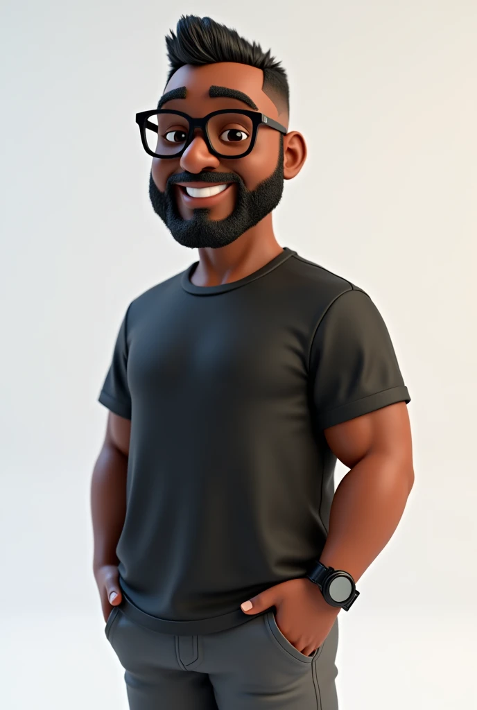 Create a full-body stylized 3D cartoon character of a middle-aged black man, designed with the following detailed specifications: 1. Estilo de Renderização Estilo: The character should be rendered in a 'Pixar-like' or '3D Cartoon' style, resembling high-quality animation. Motor de Renderização: Use 'Arnold Maya' or 'Keyshot Toon' render engines to ensure the desired quality. Detalhamento: Ensure the rendering is of 'high quality' with 'detailed textures', 'detailed skin', a 'clay-like finish', and incorporate 'bokeh effects'. 2. Resolução Resolução: Set the resolution to '8K' (7680x4320 pixels). If this is not available, select the highest resolution possible. 3. Configurações de Iluminação e Câmera Iluminação: Choose a 'cinematic' lighting setup with soft, diffused light to enhance skin details and textures. Foco: Set to 'sharp focus', ensuring the character is fully in focus. Apply 'bokeh effects' if there’s any background (though the background should be transparent). Câmera: Position the camera at a 'frontal angle', centered to capture the character’s face and full body. 4. Posicionamento do Personagem Plano de Fundo: Select a 'transparent background' or 'no background' to ensure the character is isolated. Personagem Completo: Display the character in full body, making sure all details are clearly visible. 5. Expressão Facial e Detalhes Físicos Expressão: Configure the character's expression to be 'friendly but without a smile'. Cabelo e Barba: Set the hair to be 'very short, without a topknot', and the beard to be 'trimmed and sparse, with white hairs on the chin'. Rugas: Add 'two prominent vertical wrinkles' on the forehead between the eyebrows. Tom de Pele: Choose a 'dark brown skin tone with a warm undertone'. Óculos e Roupa: Equip the character with 'modern black reading glasses', an 'oversized black t-shirt', and 'dark gray pants without a belt'. 6. Acessórios Relógio: Include only a 'black smartwatch' on the character's wrist.