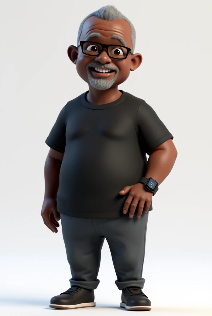 Create a full-body stylized 3D cartoon character of a middle-aged black man, designed with the following detailed specifications: 1. Estilo de Renderização Estilo: The character should be rendered in a 'Pixar-like' or '3D Cartoon' style, resembling high-quality animation. Motor de Renderização: Use 'Arnold Maya' or 'Keyshot Toon' render engines to ensure the desired quality. Detalhamento: Ensure the rendering is of 'high quality' with 'detailed textures', 'detailed skin', a 'clay-like finish', and incorporate 'bokeh effects'. 2. Resolução Resolução: Set the resolution to '8K' (7680x4320 pixels). If this is not available, select the highest resolution possible. 3. Configurações de Iluminação e Câmera Iluminação: Choose a 'cinematic' lighting setup with soft, diffused light to enhance skin details and textures. Foco: Set to 'sharp focus', ensuring the character is fully in focus. Apply 'bokeh effects' if there’s any background (though the background should be transparent). Câmera: Position the camera at a 'frontal angle', centered to capture the character’s face and full body. 4. Posicionamento do Personagem Plano de Fundo: Select a 'transparent background' or 'no background' to ensure the character is isolated. Personagem Completo: Display the character in full body, making sure all details are clearly visible. 5. Expressão Facial e Detalhes Físicos Expressão: Configure the character's expression to be 'friendly but without a smile'. Cabelo e Barba: Set the hair to be 'very short, without a topknot', and the beard to be 'trimmed and sparse, with white hairs on the chin'. Rugas: Add 'two prominent vertical wrinkles' on the forehead between the eyebrows. Tom de Pele: Choose a 'dark brown skin tone with a warm undertone'. Óculos e Roupa: Equip the character with 'modern black reading glasses', an 'oversized black t-shirt', and 'dark gray pants without a belt'. 6. Acessórios Relógio: Include only a 'black smartwatch' on the character's wrist.
