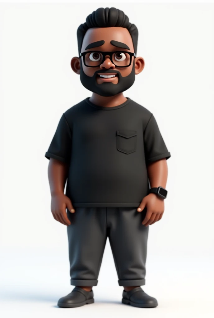 Create a full-body stylized 3D cartoon character of a middle-aged black man, designed with the following detailed specifications: 1. Estilo de Renderização Estilo: The character should be rendered in a 'Pixar-like' or '3D Cartoon' style, resembling high-quality animation. Motor de Renderização: Use 'Arnold Maya' or 'Keyshot Toon' render engines to ensure the desired quality. Detalhamento: Ensure the rendering is of 'high quality' with 'detailed textures', 'detailed skin', a 'clay-like finish', and incorporate 'bokeh effects'. 2. Resolução Resolução: Set the resolution to '8K' (7680x4320 pixels). If this is not available, select the highest resolution possible. 3. Configurações de Iluminação e Câmera Iluminação: Choose a 'cinematic' lighting setup with soft, diffused light to enhance skin details and textures. Foco: Set to 'sharp focus', ensuring the character is fully in focus. Apply 'bokeh effects' if there’s any background (though the background should be transparent). Câmera: Position the camera at a 'frontal angle', centered to capture the character’s face and full body. 4. Posicionamento do Personagem Plano de Fundo: Select a 'transparent background' or 'no background' to ensure the character is isolated. Personagem Completo: Display the character in full body, making sure all details are clearly visible. 5. Expressão Facial e Detalhes Físicos Expressão: Configure the character's expression to be 'friendly but without a smile'. Cabelo e Barba: Set the hair to be 'very short, without a topknot', and the beard to be 'trimmed and sparse, with white hairs on the chin'. Rugas: Add 'two prominent vertical wrinkles' on the forehead between the eyebrows. Tom de Pele: Choose a 'dark brown skin tone with a warm undertone'. Óculos e Roupa: Equip the character with 'modern black reading glasses', an 'oversized black t-shirt', and 'dark gray pants without a belt'. 6. Acessórios Relógio: Include only a 'black smartwatch' on the character's wrist.
