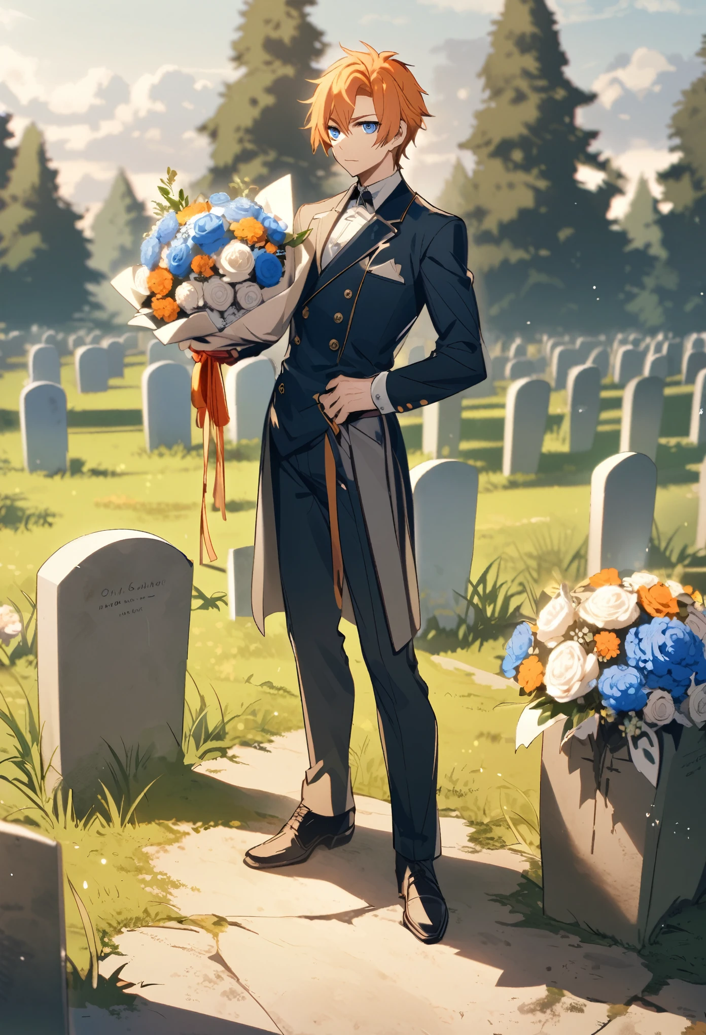 A man standing before a grave.,One male,Orange Hair,blue eyes,Bouquet in one hand