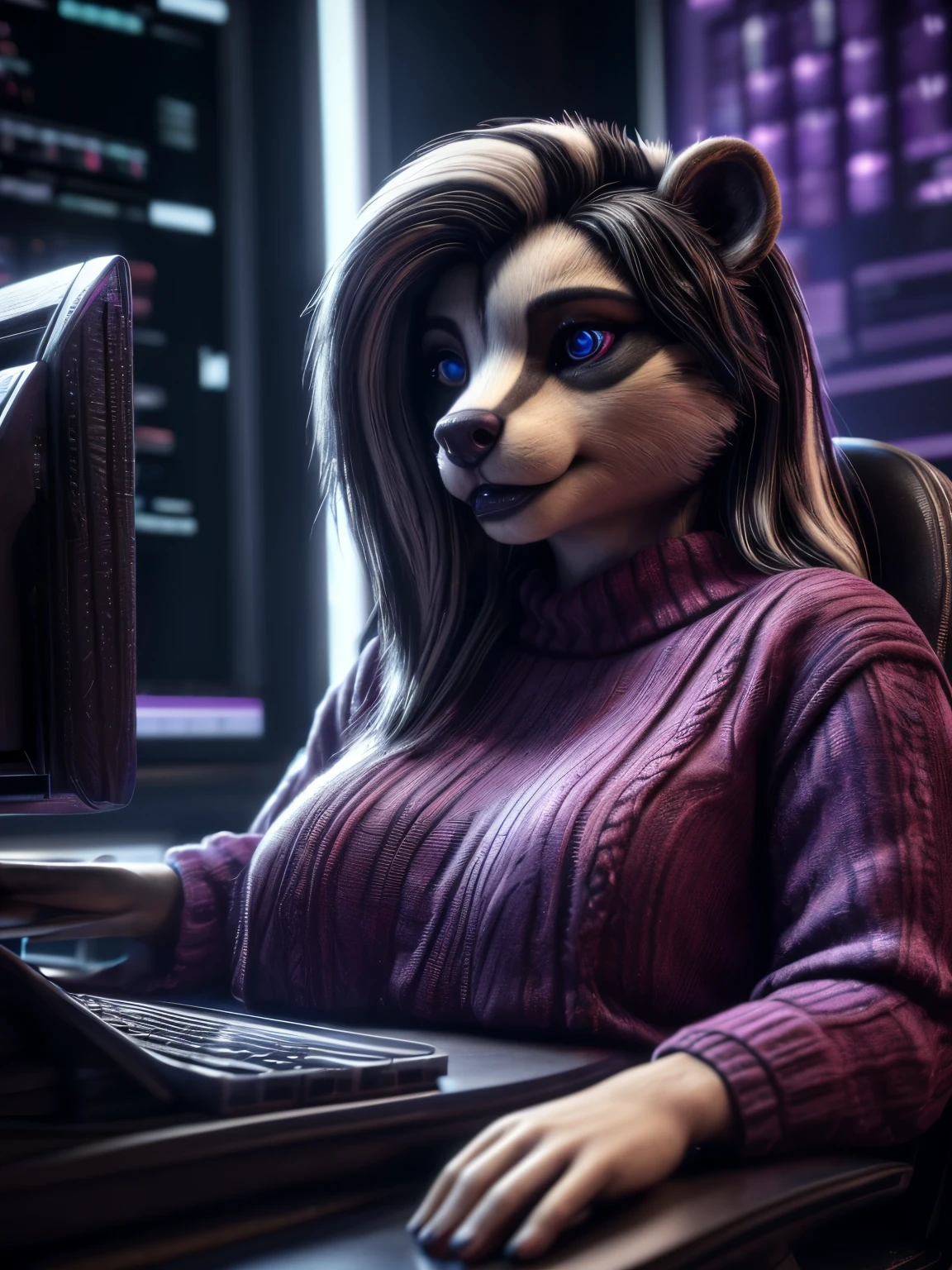 skunk girl, beautiful detailed eyes, beautiful detailed lips, extremely detailed face, 1girl, purple sweater, programming on pc, seating on chair, (best quality,4k,8k,highres,masterpiece:1.2),ultra-detailed,(realistic,photorealistic,photo-realistic:1.37),digital painting, cinematic lighting, vibrant color palette, 3d render