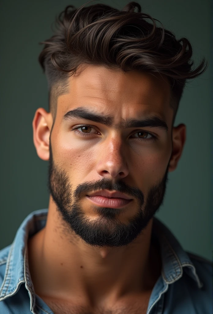 A young, man, best quality, high quality, high resolution), realistic, ultra-detailed, highly detailed facial features, éclairage et reflets realistics, highly detailed facial features, best photo,Illustration de high quality, short beard, pose pour la photo