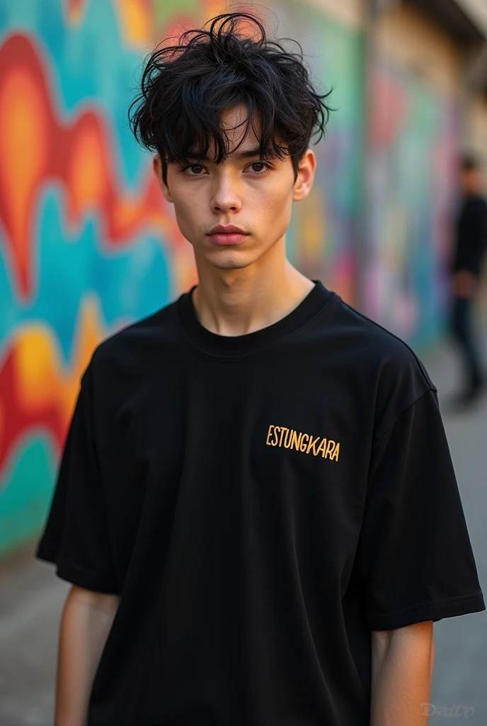 black shirt with the words ESTUNGKARA on the small right front