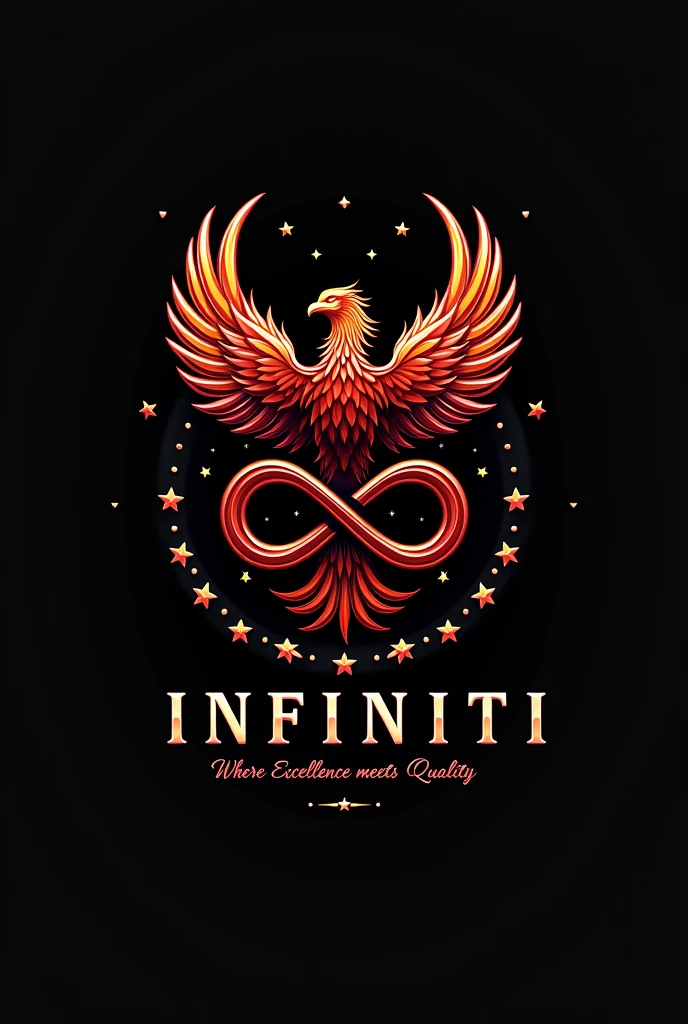 Phoenix bird + infinity symbol logo in red and black combo, merge phoenix bird and infinity symbol, include only 9 stars one around the bird , and include the name PHOENIX in capitals and in modern font and INFINITI in smaller font than Phoenix, place it infiniti word right below PHOENIX, and add a tagline Where Excellence meets Quality , create everything to set as a DP for whatsapp