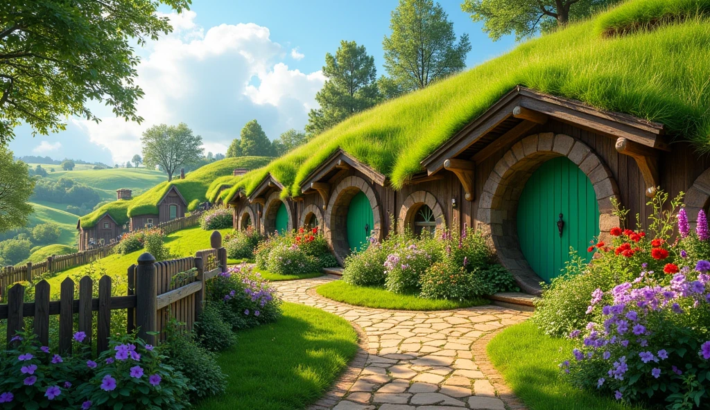 hobbit village, (homes built into the side of a hill, round doors), fences around homes, pig pens, gardens, flowers near door