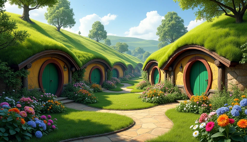 hobbit village, (homes built into the side of a hill, round doors), fences around homes, pig pens, gardens, flowers near door