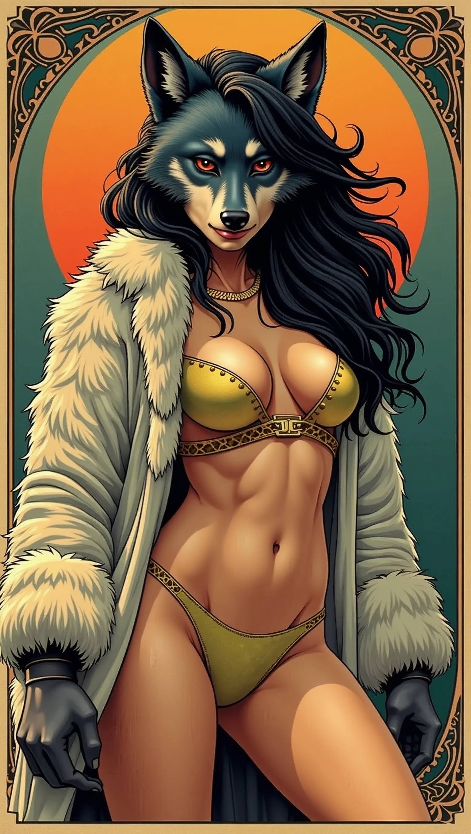 Drawing of a woman with large breasts and a hairy face, fur art, The fur covering her chest, pov fur art, Hairy Chest, The fur covering her chest, Holo is a wolf girl., Software version, Beastman、kemono, Angry and highly moral sexy werewolf, Fluffy breasts, Bondage、Tortoiseshell binding、american style propaganda poster, Illustration effect for posters and magazines, Art Nouveau, Anatomically correct, 