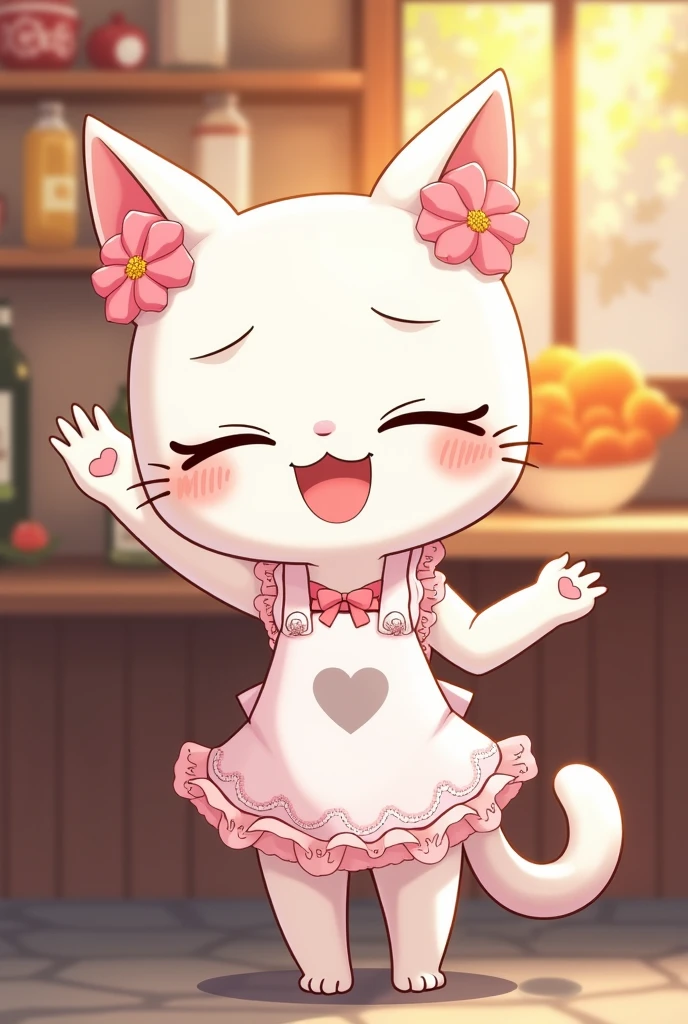 anime manga illustration style, very cute slender white female cat, pink flowers on her ears, standing and waving, grey heart mark on her belly, lace apron from the waist down, grey tail, fluffy effect in pastel colors, glitter effect, background ramen shop