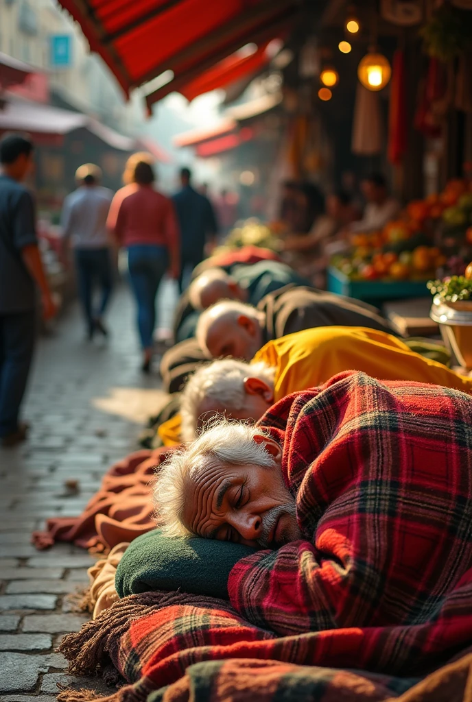 Old single men sleep in blanket in market