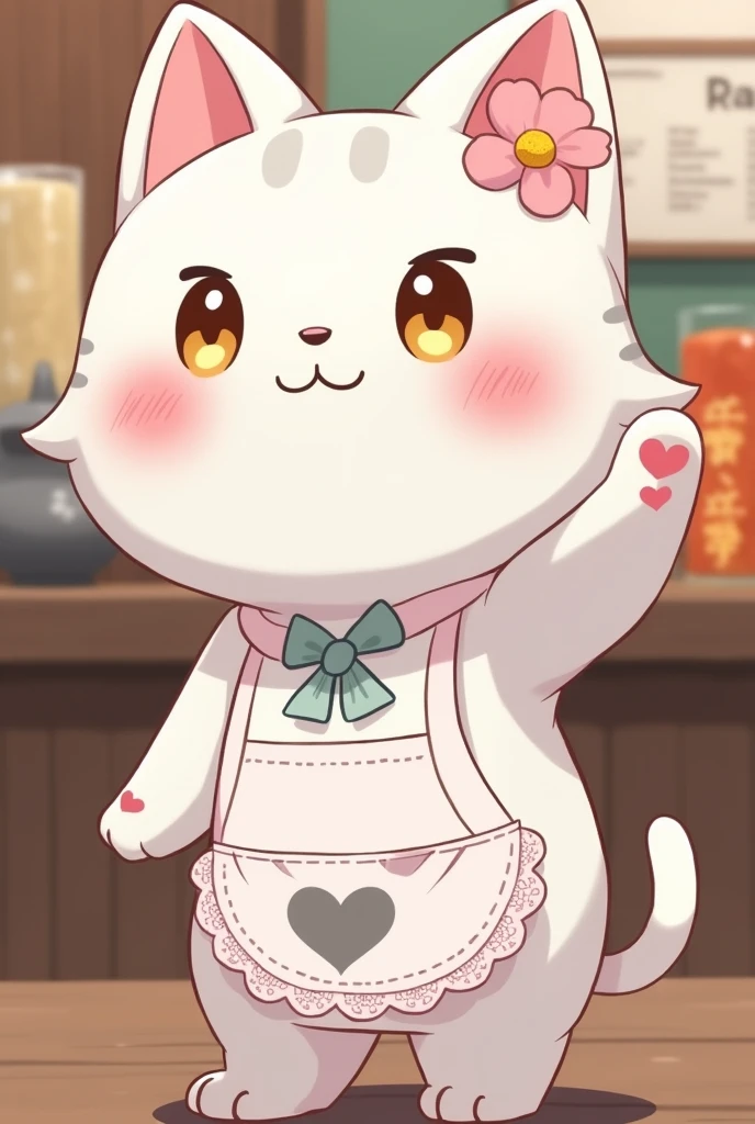 anime manga illustration style, very cute slender white female cat, pink flowers on her ears, standing and waving, grey heart mark on her belly, lace apron from the waist down, grey tail, fluffy effect in pastel colors, glitter effect, background ramen shop