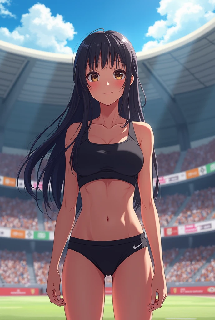 ((masterpiece, highest quality:1.2)),,cowboy shot,1woman、30 year old beauty,Japanese、solo,((very small head)),dark brown hair,long hair,brown eyes,tears,((very long and slender body:1.5)),skinny,small breasts,oily skin,shiny skin,sweat:1.5,White tube top、bara shoulder、navel、Brown mini skirt、White panties、arms behind back,Constraints、standing,spread legs、Ancient Arena、Coliseum、Outdoor、Spectators