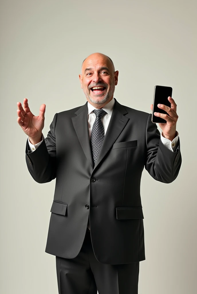 A middle-aged man with a half-bald head and an exaggerated, smug grin, resembling a mix between Borat and Stromberg. He wears an ill-fitting, crumpled business suit and a poorly knotted tie. His facial expression is a bizarre blend of over-the-top self-importance and visible uncertainty, making him look both ridiculous and awkward. He holds a smartphone clumsily in one hand while gesturing wildly with the other as if desperately trying to impress. His posture is hunched, almost slouched, enhancing his unrefined, clumsy demeanor, with a hint of absurdity in his appearance.. The background is plain, focusing entirely on the character's appearance and personality., master part, extremely detaild, best qualityer, extremely detaild, as dr. Gregory House. (8k, top-quality, best qualityer, Masterpiece artwork, highy detailed: 1.2), (de meio corpo:1.3)