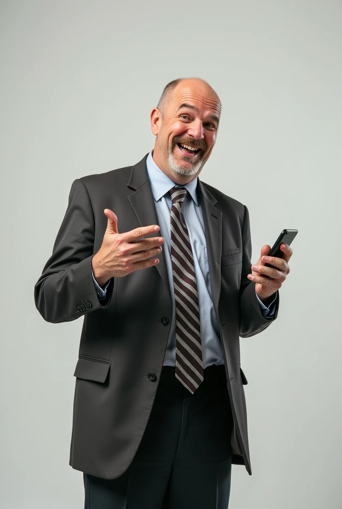A middle-aged man with a half-bald head and an exaggerated, smug grin, resembling a mix between Borat and Stromberg. He wears an ill-fitting, crumpled business suit and a poorly knotted tie. His facial expression is a bizarre blend of over-the-top self-importance and visible uncertainty, making him look both ridiculous and awkward. He holds a smartphone clumsily in one hand while gesturing wildly with the other as if desperately trying to impress. His posture is hunched, almost slouched, enhancing his unrefined, clumsy demeanor, with a hint of absurdity in his appearance.. The background is plain, focusing entirely on the character's appearance and personality., master part, extremely detaild, best qualityer, extremely detaild, as dr. Gregory House. (8k, top-quality, best qualityer, Masterpiece artwork, highy detailed: 1.2), (de meio corpo:1.3)