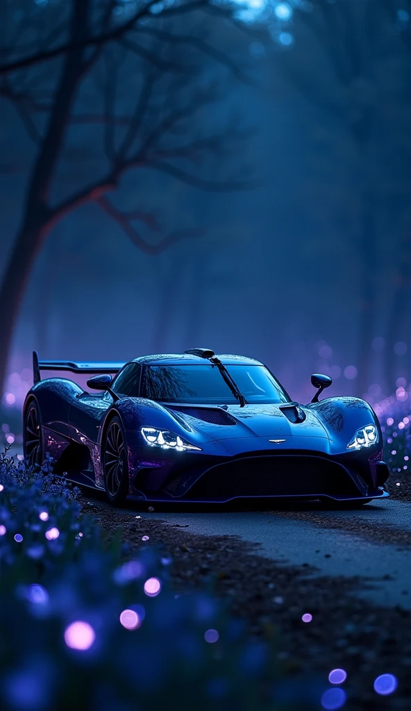 Midnight purple-black aston martin valkyrie, in a dark blue background, with blue fireflies