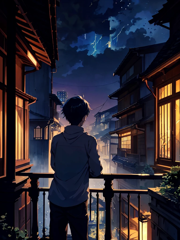 Create a anime landscape image. A chibi-style anime and comic book illustration featuring a melancholic boy leaning over the balustrade of a dark, moonlit balcony. The boy is with a sleek, futuristic smartphone – its illuminated screen casting blue light onto his disheartened face as he remains lost in thought. A faint mist hangs over the cityscape below, lending a somber atmosphere stacked with anxiety, sorrow, and the subtle remnants of romance. The symphony of sympathetic links webbing this illustrated tale through vibrant ink accentuated by prismatic glass shatter effects makes for a provocative scene.