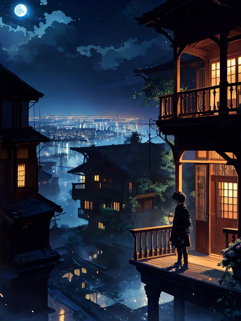 Create a anime landscape image. A chibi-style anime and comic book illustration featuring a melancholic boy leaning over the balustrade of a dark, moonlit balcony. The boy is with a sleek, futuristic smartphone – its illuminated screen casting blue light onto his disheartened face as he remains lost in thought. A faint mist hangs over the cityscape below, lending a somber atmosphere stacked with anxiety, sorrow, and the subtle remnants of romance. The symphony of sympathetic links webbing this illustrated tale through vibrant ink accentuated by prismatic glass shatter effects makes for a provocative scene.