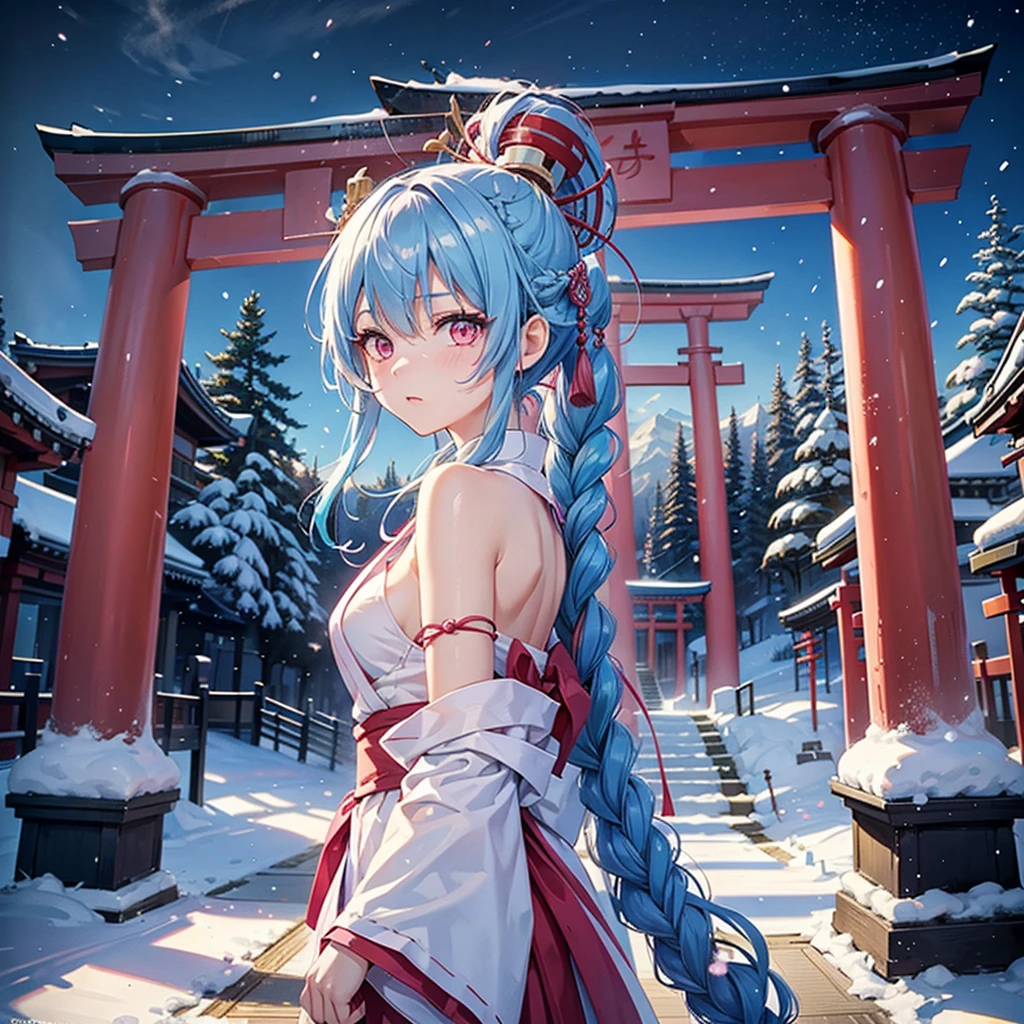 (Tying her sky blue hair into a single braid),(Pink Eyes),Fair skin,whole body,alone,Snowy Night,Drawing a fortune at a temple,torii,Shrine maiden、masterpiece, Highest quality, Very detailed, Best Shadow,Detailed Background,Beautifully detailed face,High Contrast,Best lighting, Very delicate and beautiful,Cinematic Light,Hyper Detail,8k,Dramatic Light,Exquisite detail,