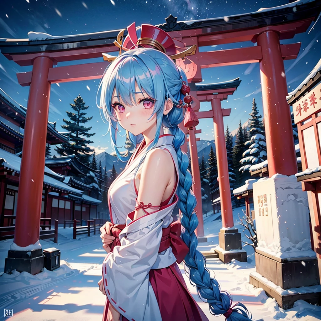 (Tying her sky blue hair into a single braid),(Pink Eyes),Fair skin,whole body,alone,Snowy Night,Drawing a fortune at a temple,torii,Shrine maiden、masterpiece, Highest quality, Very detailed, Best Shadow,Detailed Background,Beautifully detailed face,High Contrast,Best lighting, Very delicate and beautiful,Cinematic Light,Hyper Detail,8k,Dramatic Light,Exquisite detail,