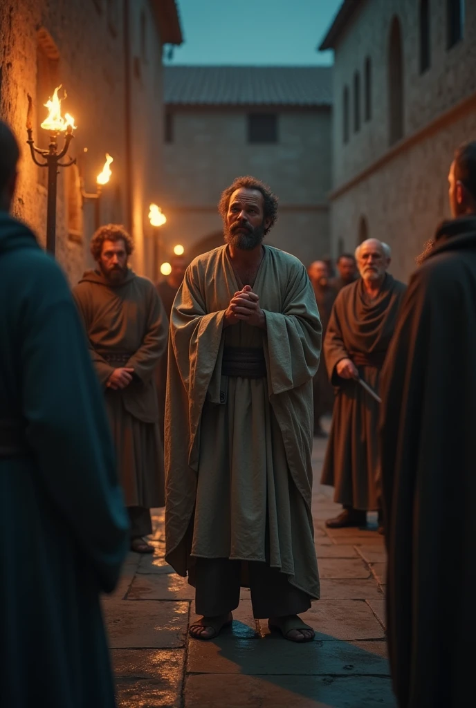 peter (biblical character) being cowardly in the face of the men who ask him if he knows Jesus, and he says he doesn't know.
a feição de peter, It's very scary, and the men's expression is evil.