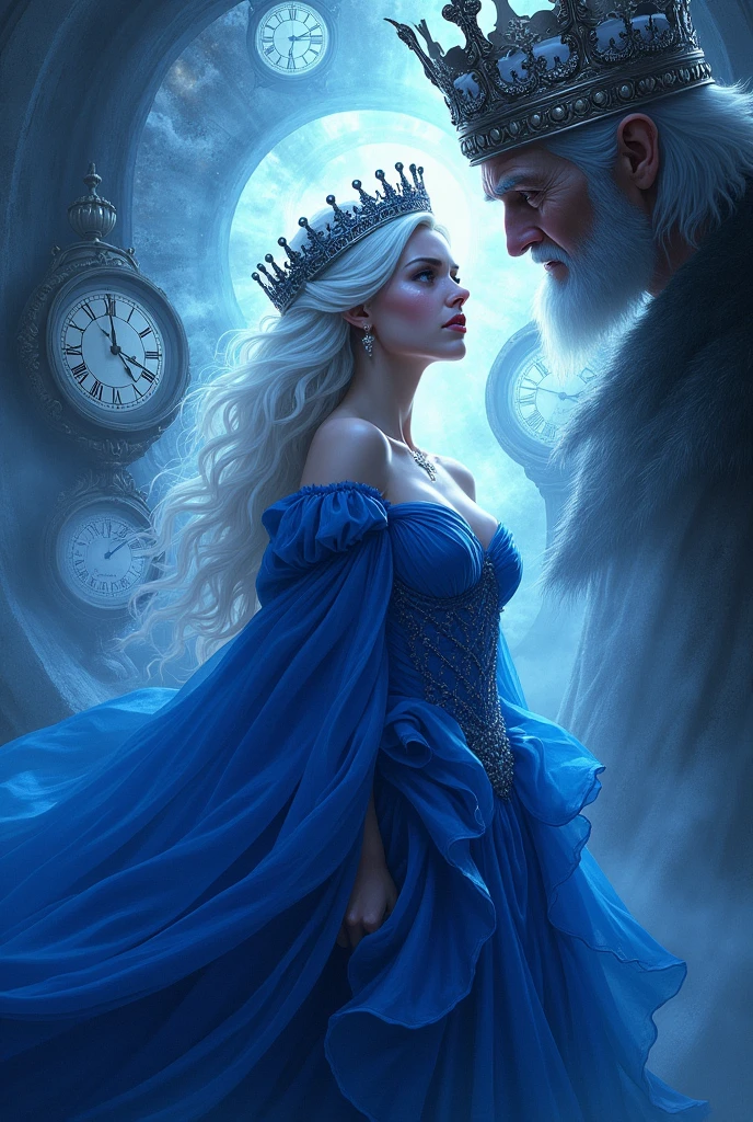 make a book cover with a title "aramor : blue queen" with the background of a white-haired queen who is crying and surrounded by time, while there was a cruel king who grabbed his crown