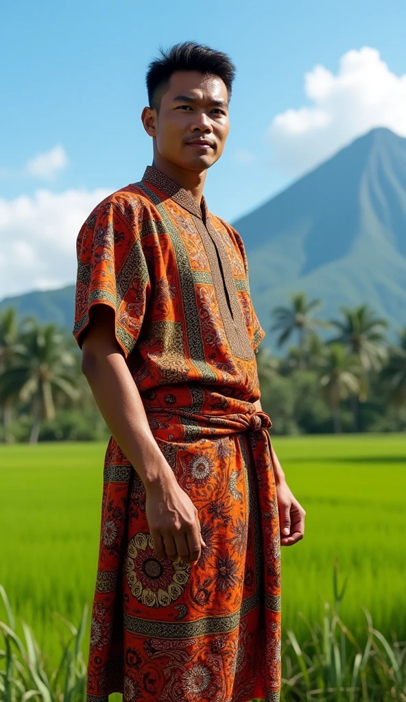 (photorealism:1.2), handsome Indonesian man standing wearing traditional clothes of central Java, white skinned, full body