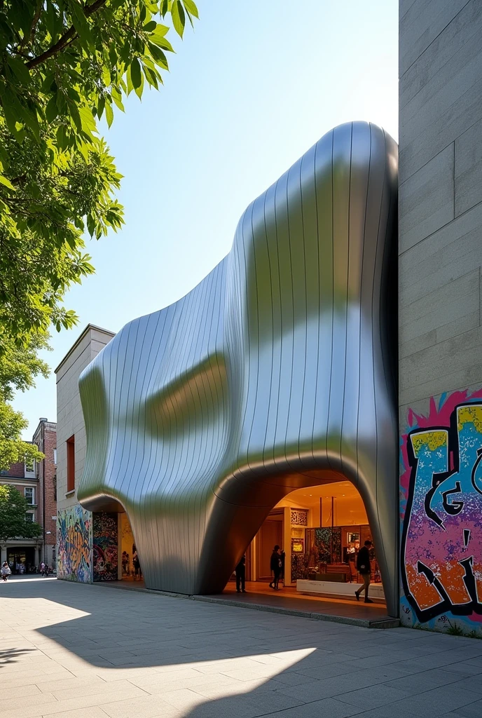 The exterior of an art gallery collection with a folding style