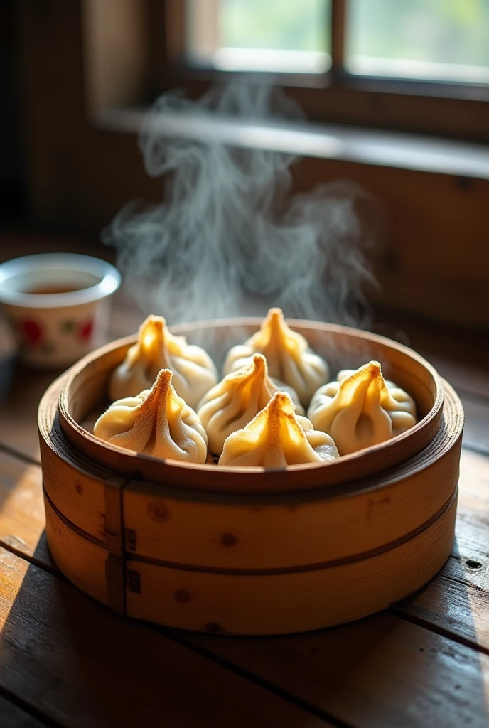 Momos in a wooden box from top view