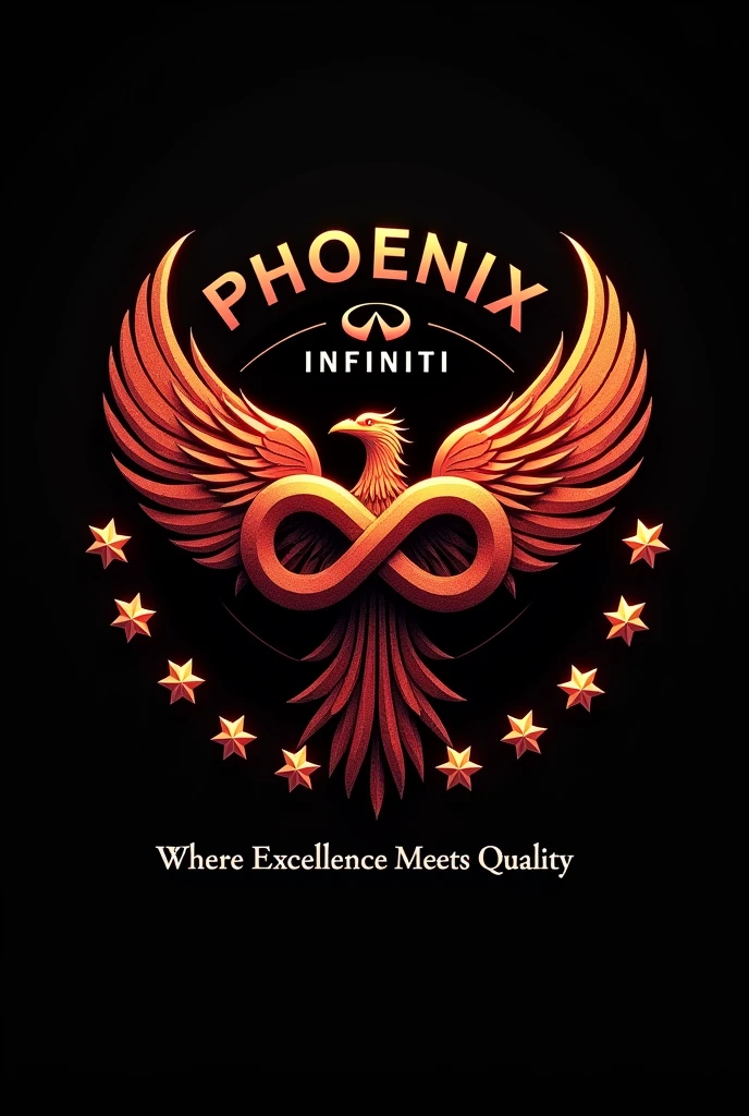 Phoenix bird + infinity symbol logo in red and black combo, merge phoenix bird and infinity symbol, include only 9 stars one around the bird , and include the name PHOENIX in capitals and in modern font and INFINITI in smaller font than Phoenix, place it infiniti word right below PHOENIX, and add a tagline Where Excellence meets Quality , create everything to set as a DP for whatsapp